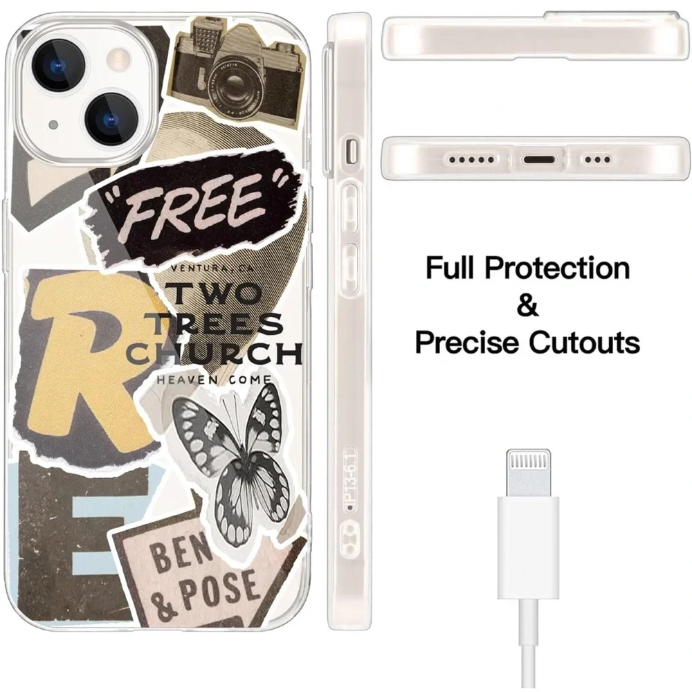 Retro Butterfly Pattern Phone Clear Case for iPhone 15 Plus Shockproof